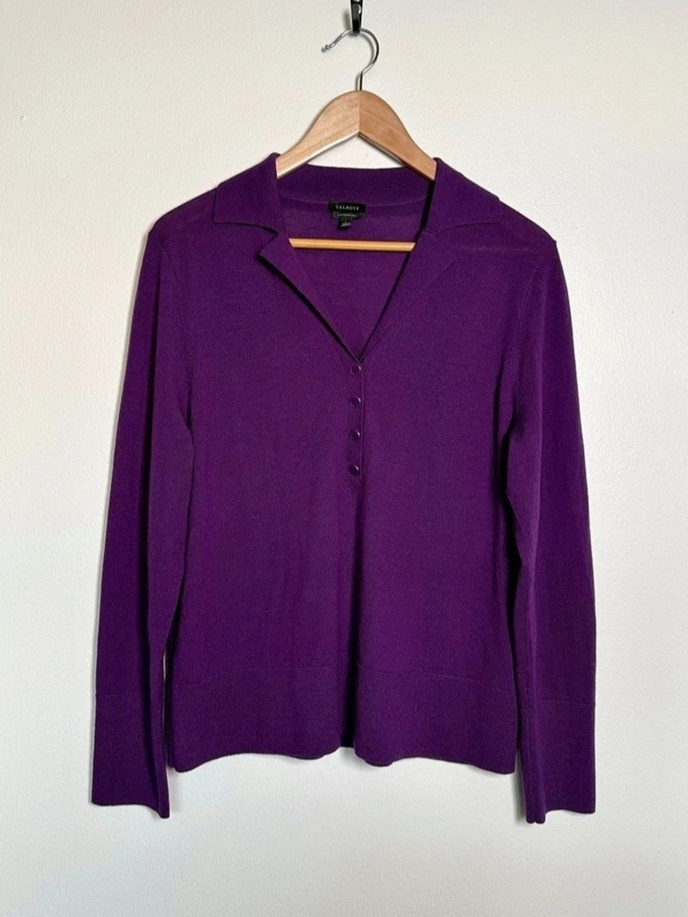 Talbots Sweater Womens Sz L Purple 100% Merino Wool Collared Button Pullover